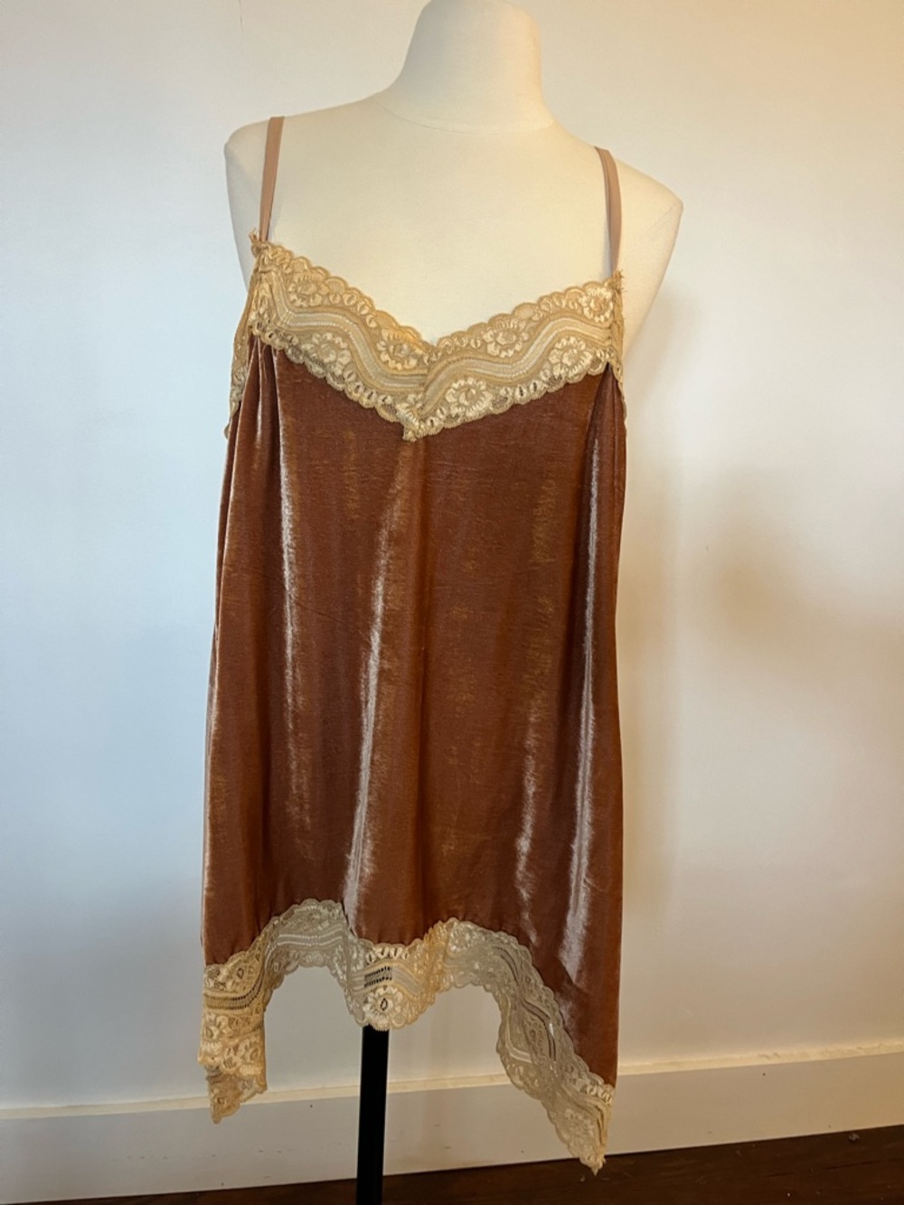 Satin-Look Brown Velvet Lace Trim Camisole Tank Top
